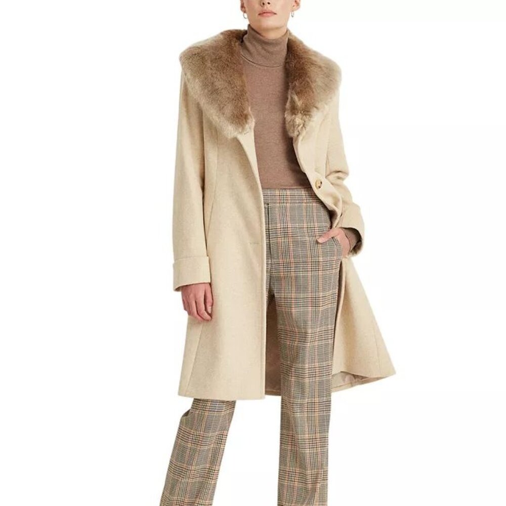 Lauren Ralph Lauren Womens Faux Fur Collar Coat in Cream Beige Size 14 NWT